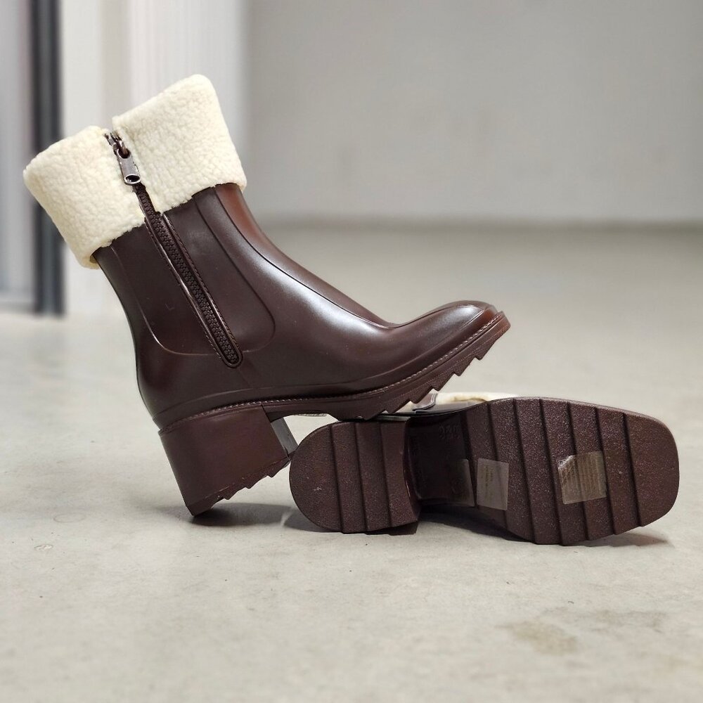 Brown Faux Leather Block Heel Boots With Shearling Cuff & Side Zipper Closure
